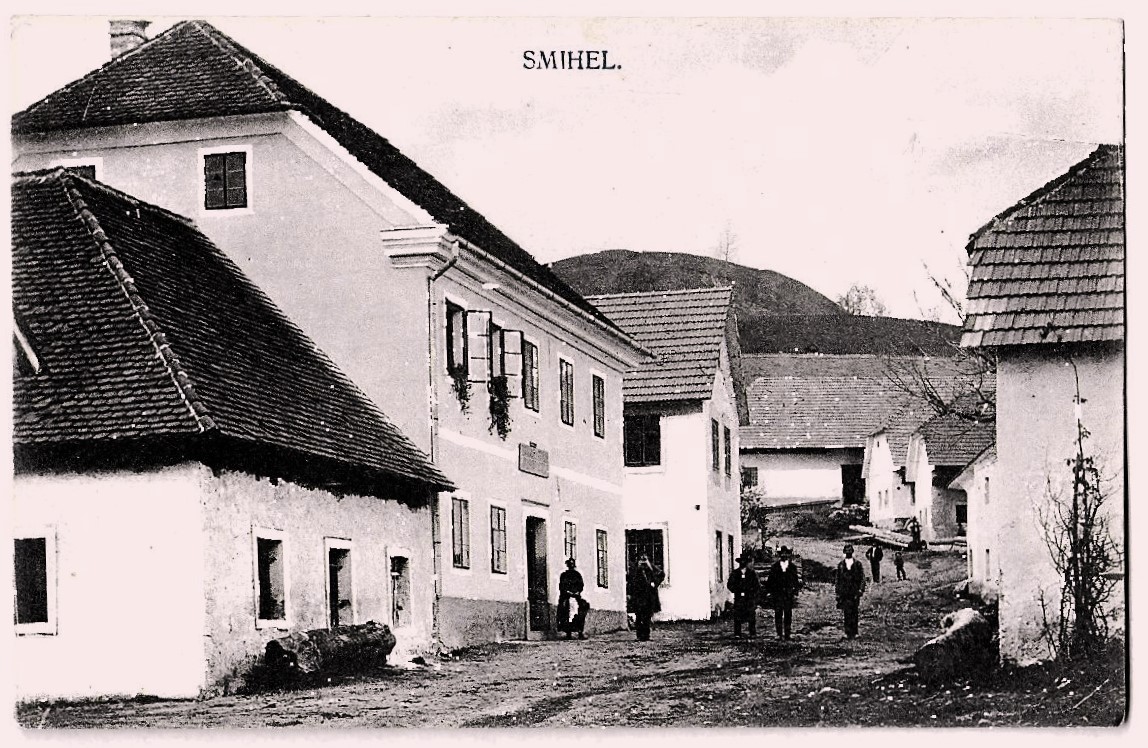 Trgovina in domačija Frjanščevi, Šmihel 1915, razglednico je založil J. Cej
